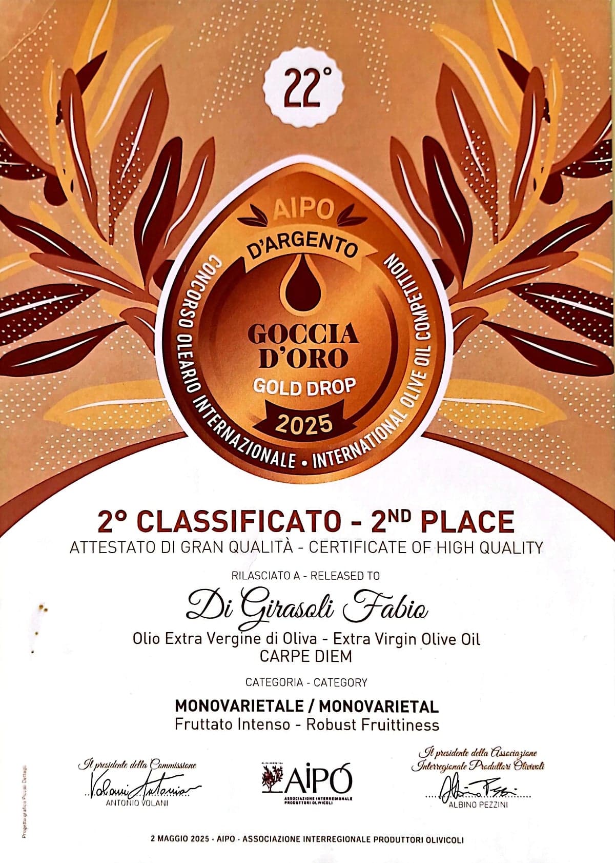 AIPO Gold Drop 2025 certificate, 2nd place, issued to Fabio Girasoli for Carpe Diem