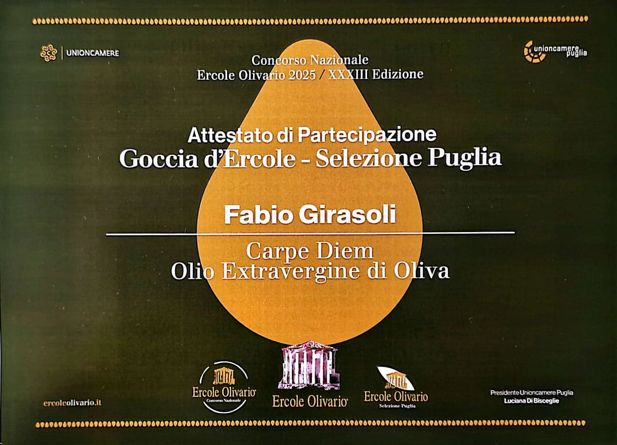 Certificate of participation, Goccia d'Ercole, Puglia Selection, Fabio Girasoli